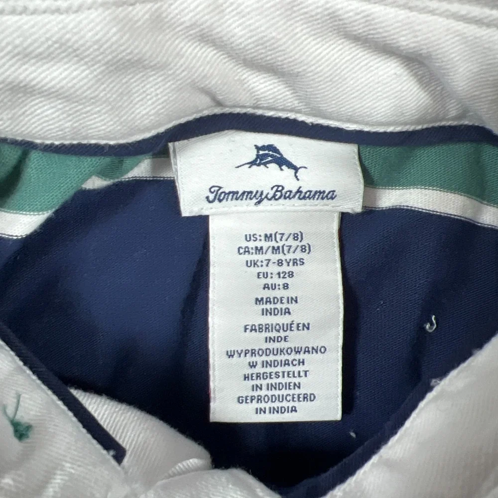 Tommy Bahama Rugby Shirt Kids Medium Navy Green Striped Long Sleeve Performance